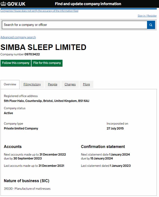 statuts simba sleep limited