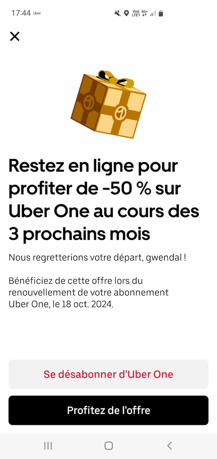 Remise 50% abonnement Uber One